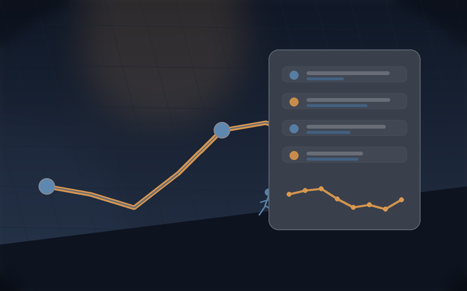 Adaptive training app scene with route markers and workout dashboard cards.