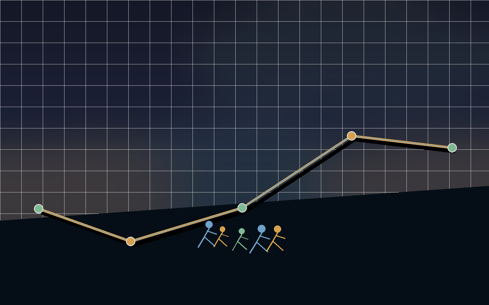 10K pace-development scene with runners and a measured route line.
