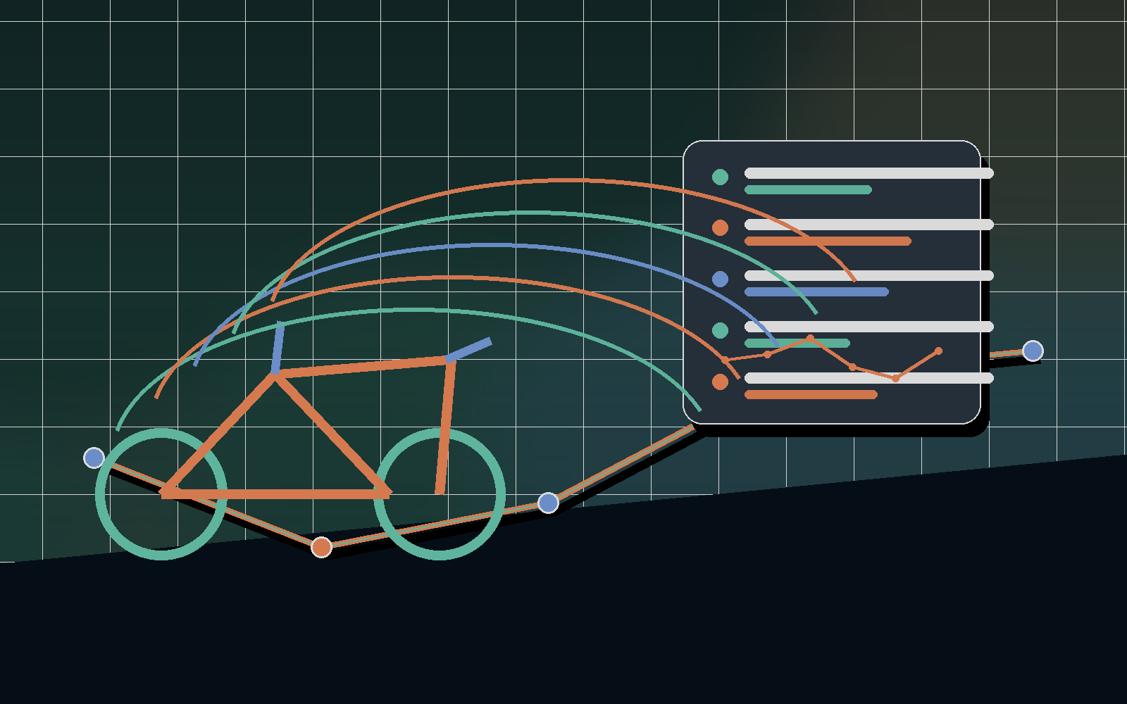 Cycling FTP estimate scene with bike, training arcs, and route data.