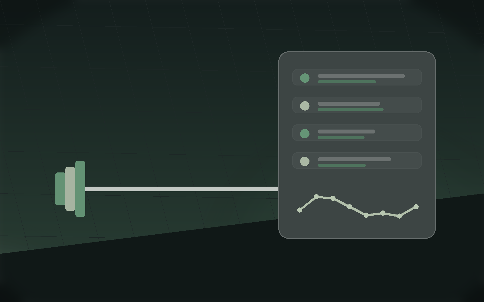 Gym tracking scene with a barbell and workout summary dashboard.