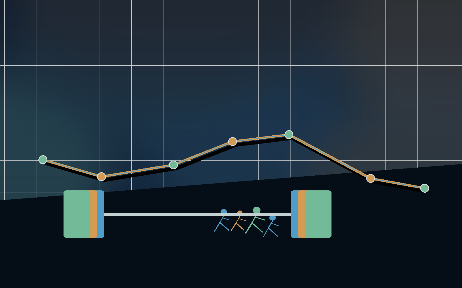 Hybrid running and strength scene with runners, barbell, and route line.