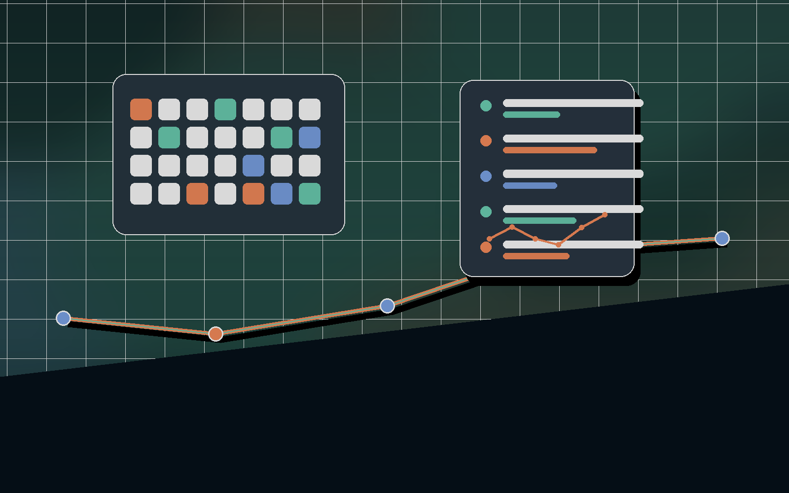 Plan-duration chooser scene with calendar blocks and route markers.