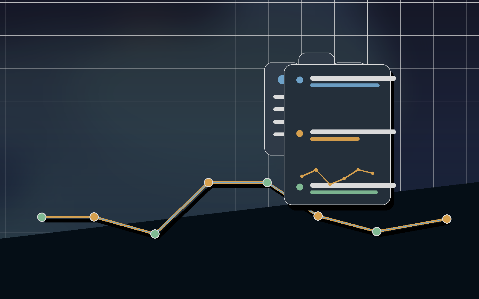 Subscription tier scene with device panels and training trend lines.