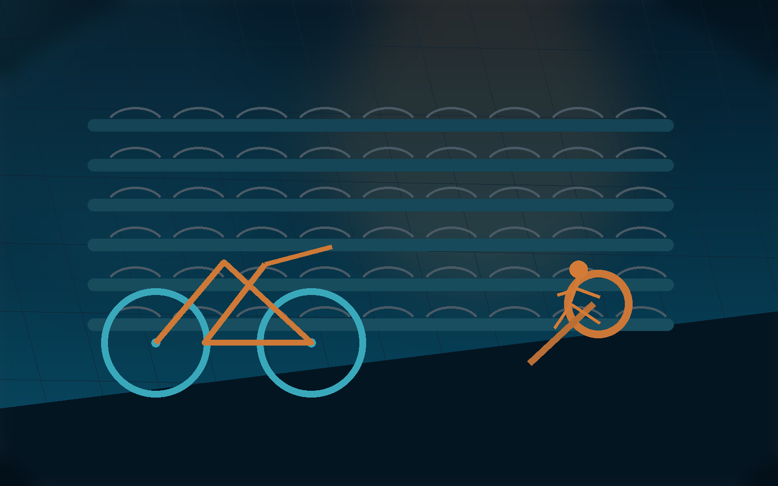 Full-distance triathlon scene with swim lanes, a bike, and a runner.