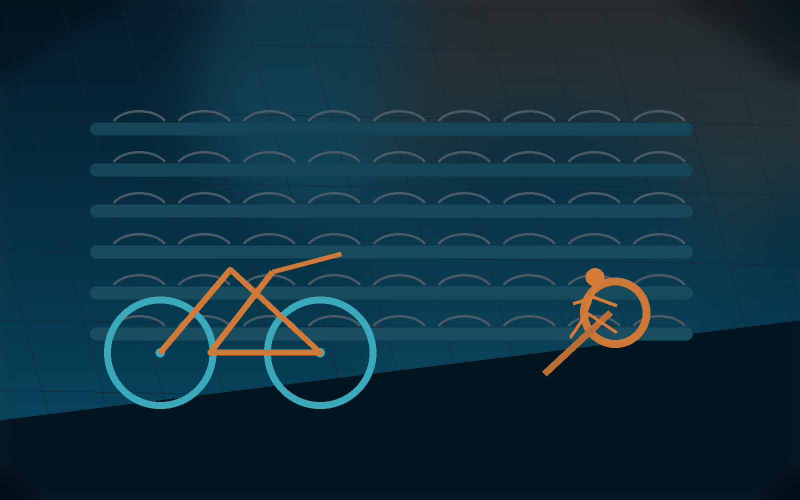 Sprint triathlon beginner scene with swim lanes, bike work, and running.