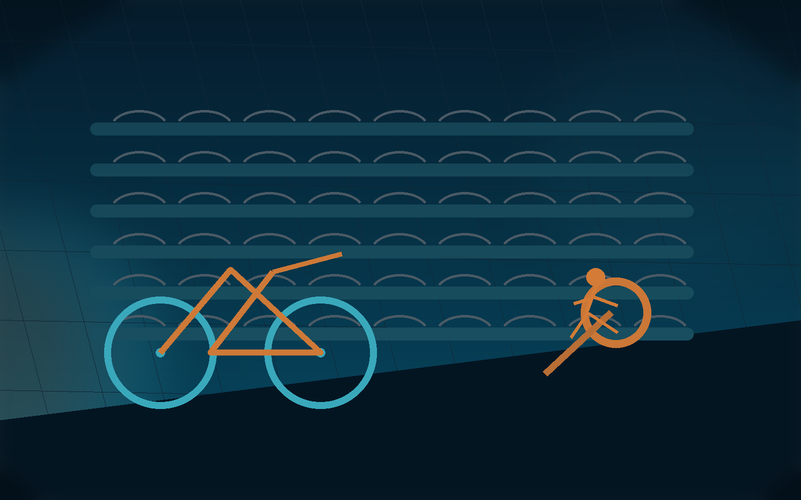 Triathlon race-build scene with swim lanes, a bike, and a runner.