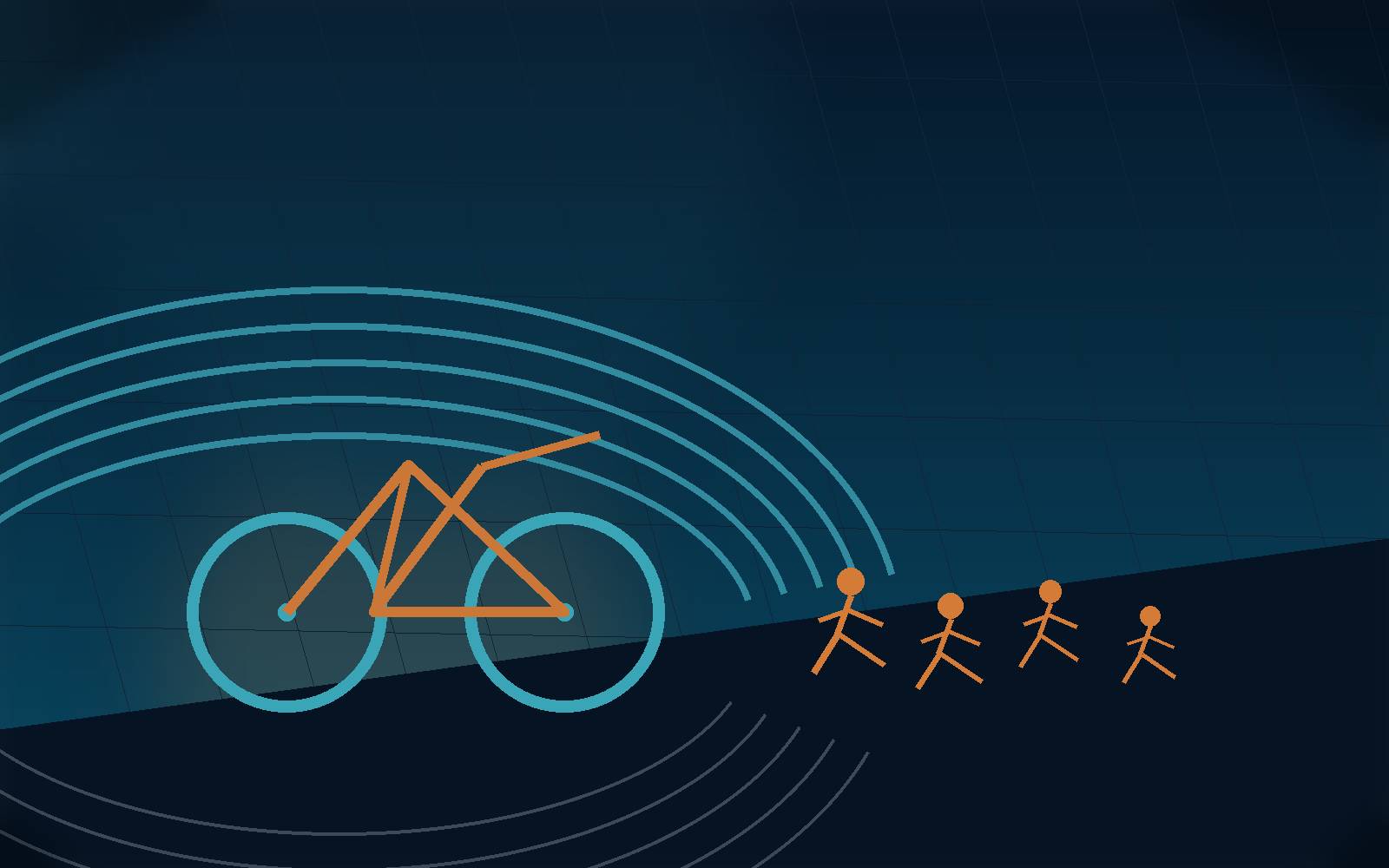 Triathlon race-build scene with a bike, runners, and track lane lines.