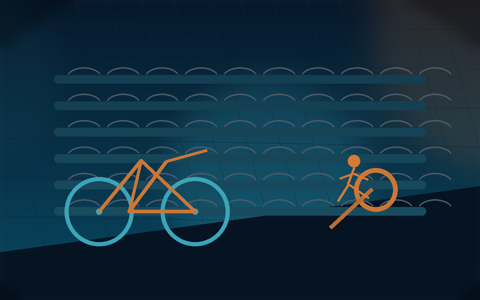 Multisport training scene with swim lanes, a bike, and a runner.