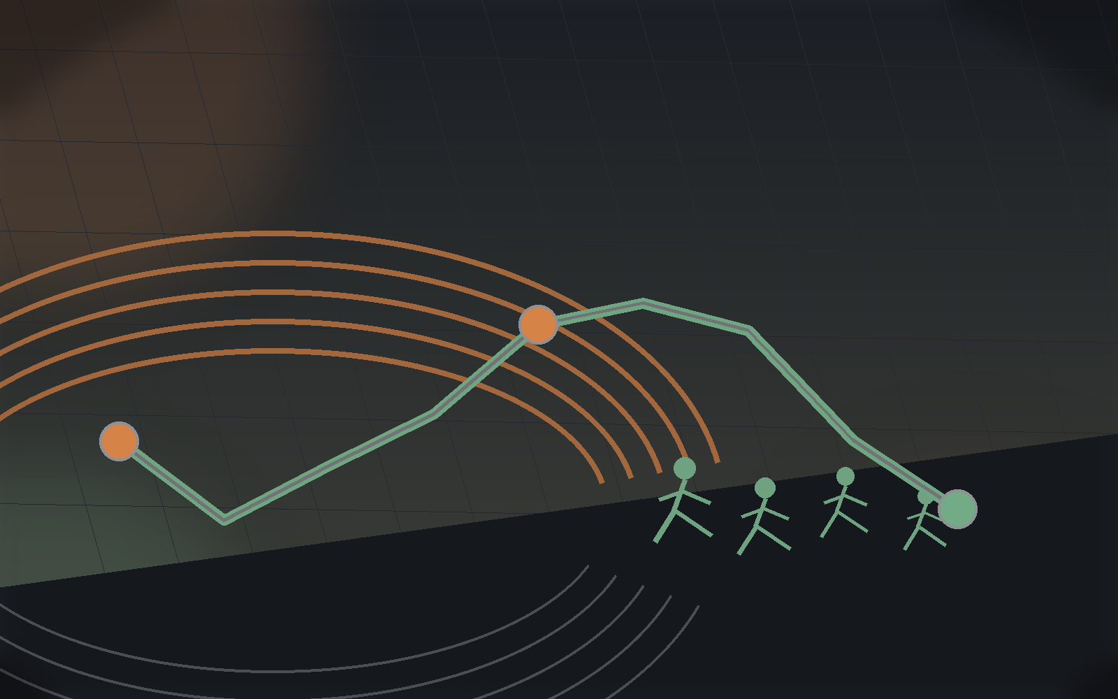 Running insight scene with track lanes, a route line, and pace markers.
