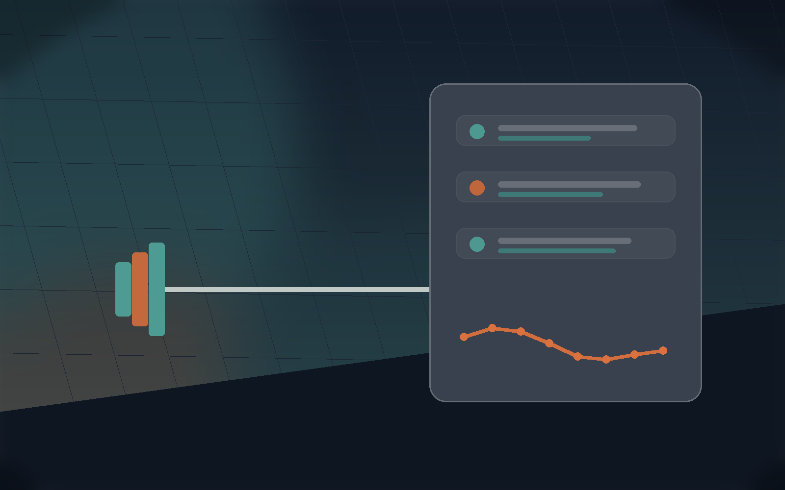 Strength maintenance dashboard with a barbell, load bars, and workout summary cards.
