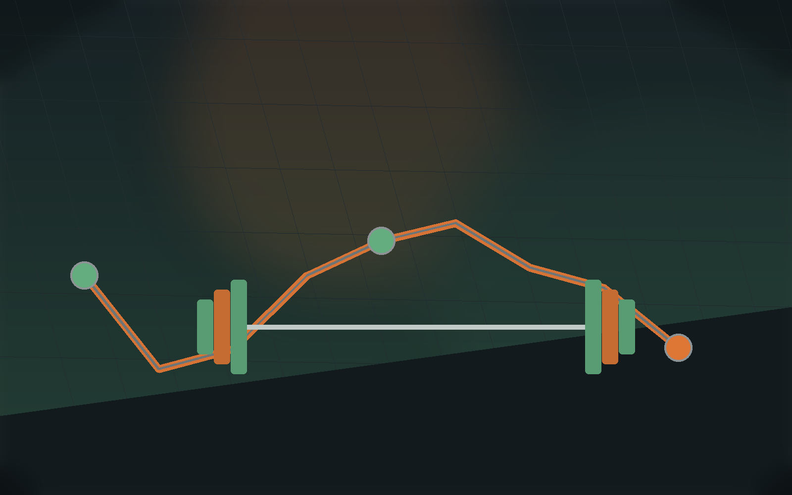 Hybrid training scene with a route line and barbell on the same training surface.