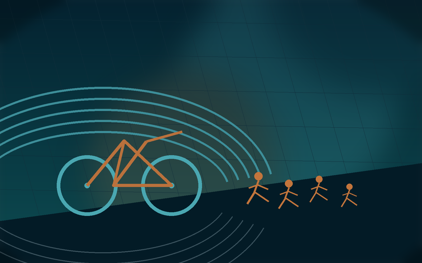 Triathlon insight scene with a bike, runners, and track lane lines.