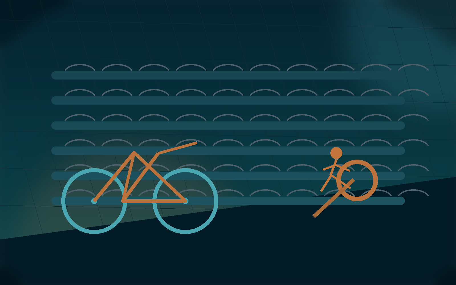 Triathlon workout data scene with swim lanes, a bike, and a runner.