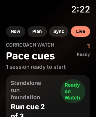 CorrCoach Watch runtime page showing a demo run session ready to start.