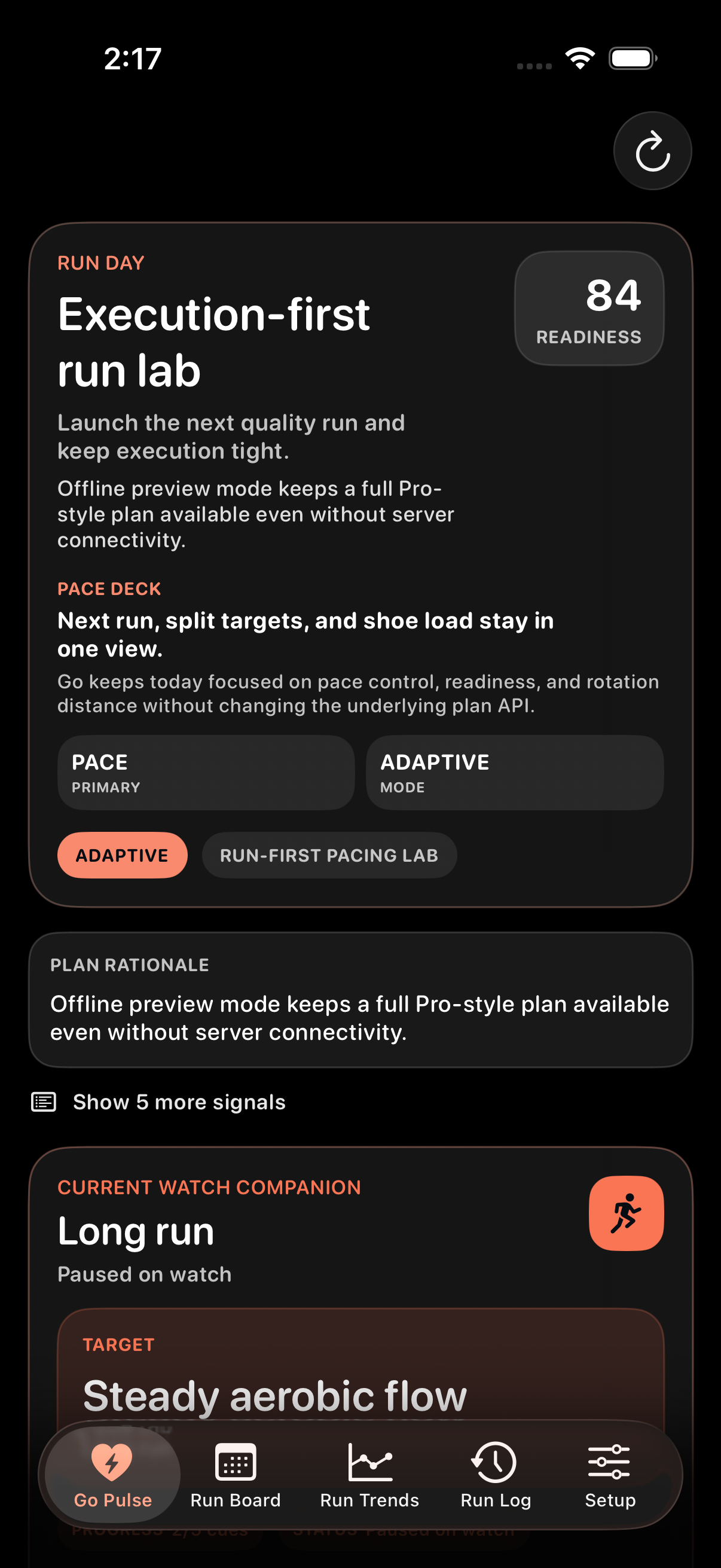 CorrCoach Go iPhone dashboard showing a running-focused plan, readiness, pace context, and current Watch companion.