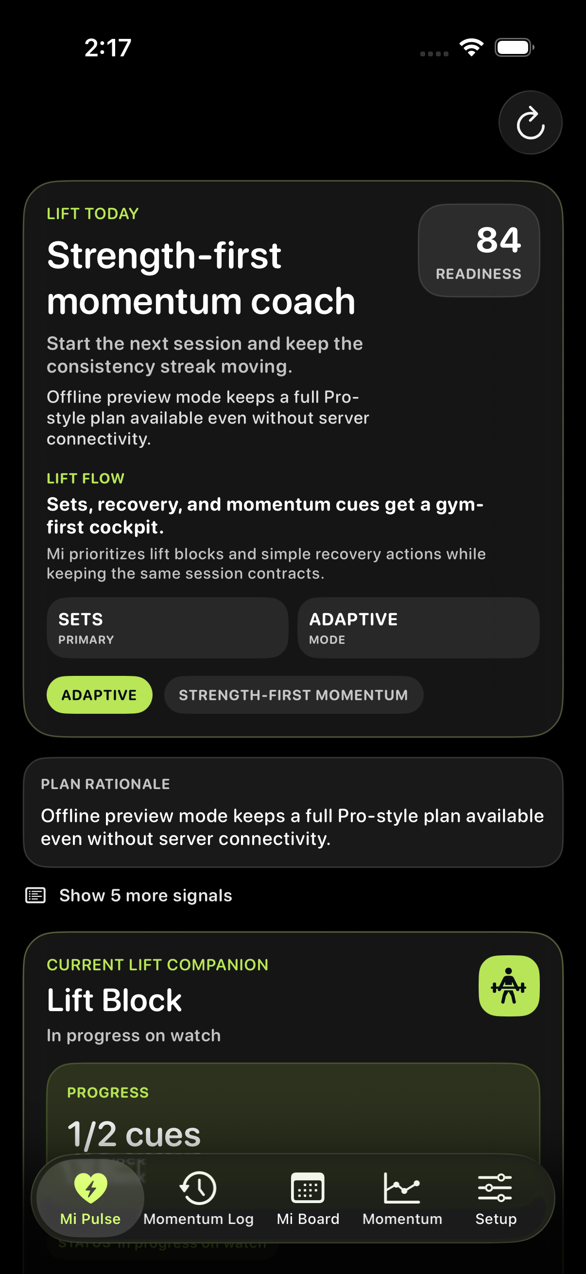 CorrCoach Mi iPhone dashboard showing strength-first momentum, readiness, plan rationale, and a current lift companion.