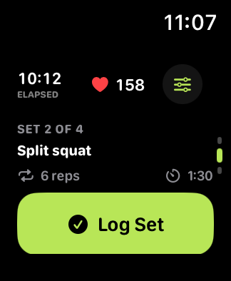 CorrCoach Watch live strength screen showing split squats, repetitions, rest time, and a Log Set button with demo data.